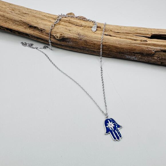 Sterling Silver Blue Enamel Hamsa Star of David Necklace - Picture 1 of 5